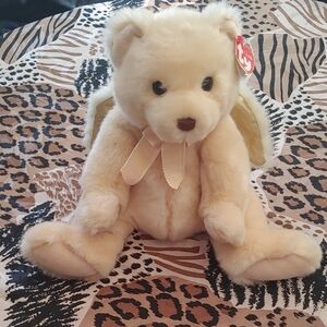 2003 Ty Plush Bear with Cream Fur and Gold Wings, Sits 9.5 In